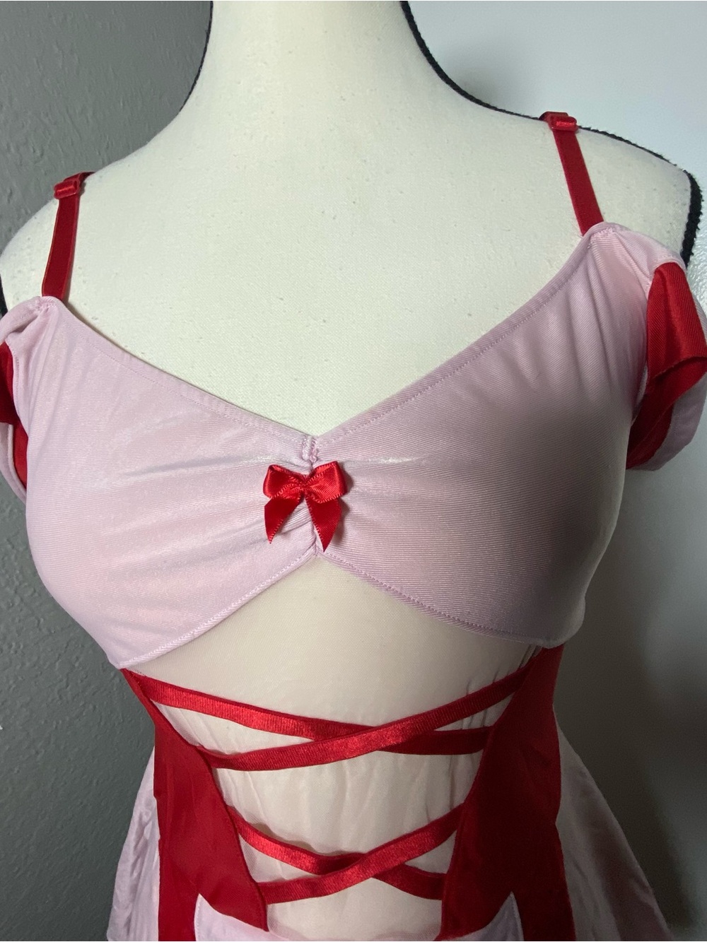 Y2K Pink & Red Cutout Mesh Maid Costume Size S/M - Picture 2 of 7